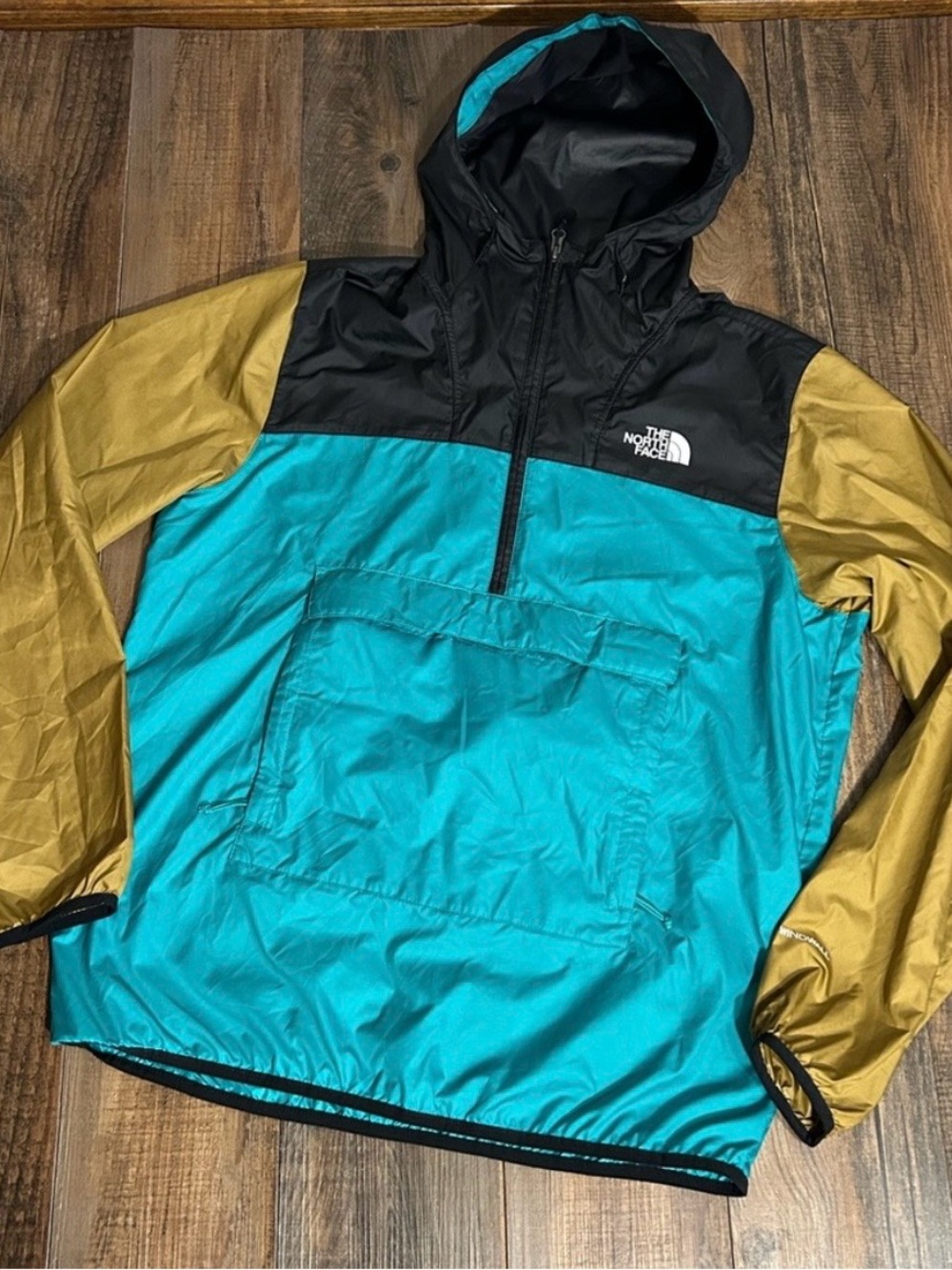 The North Face color block teal blue  and gold pull over windbreaker sz M